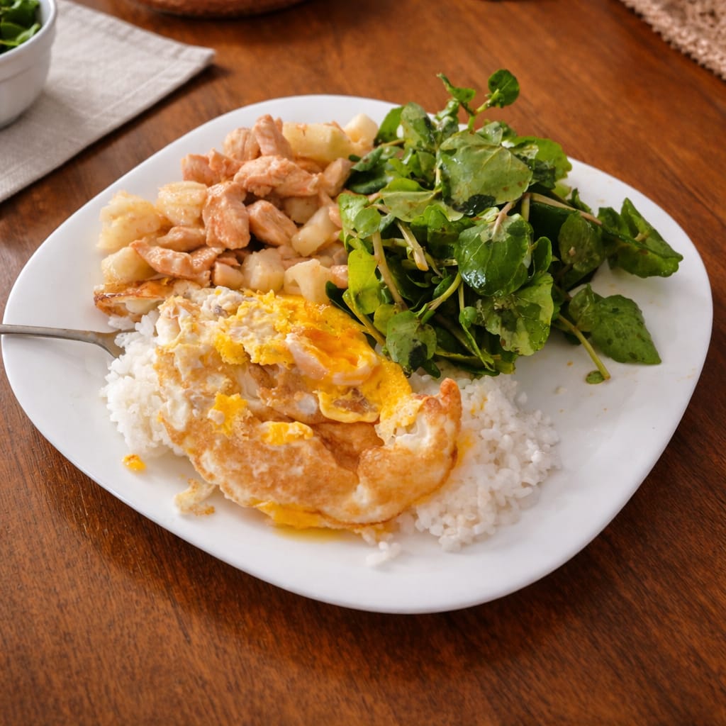 Refeição equilibrada com proteínas e vegetais para quebrar o jejum intermitente e estimular a renovação celular.