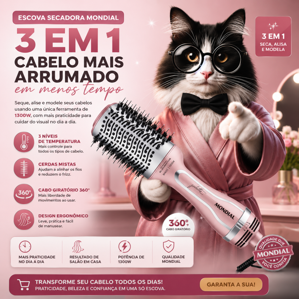 Escova Secadora Mondial 3 em 1: Cabelo Mais Arrumado em Menos Tempo