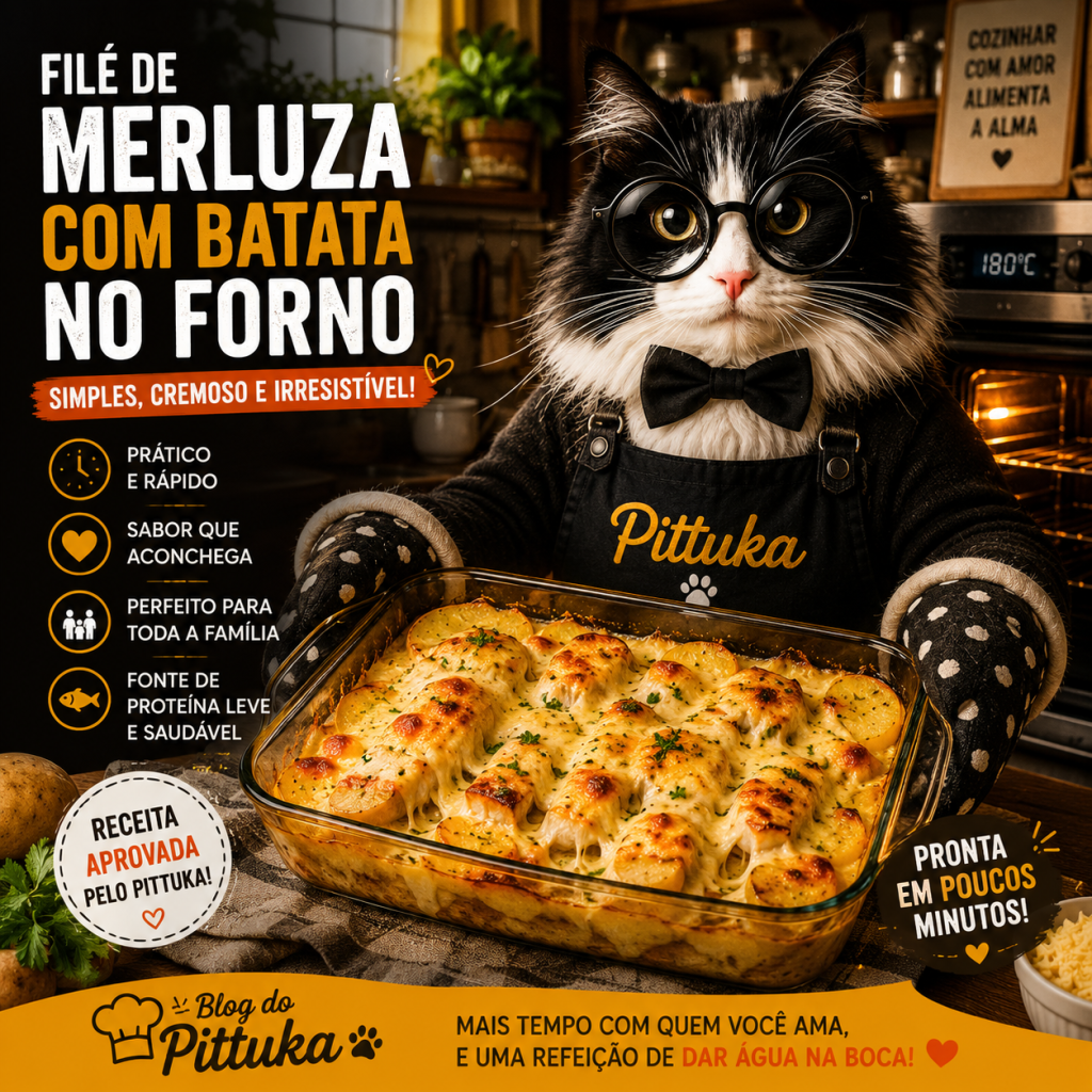 Filé de Merluza Cremoso com Batata e Queijo no Forno 3 Travessa com filé de merluza cremoso, batatas e queijo dourado no forno.