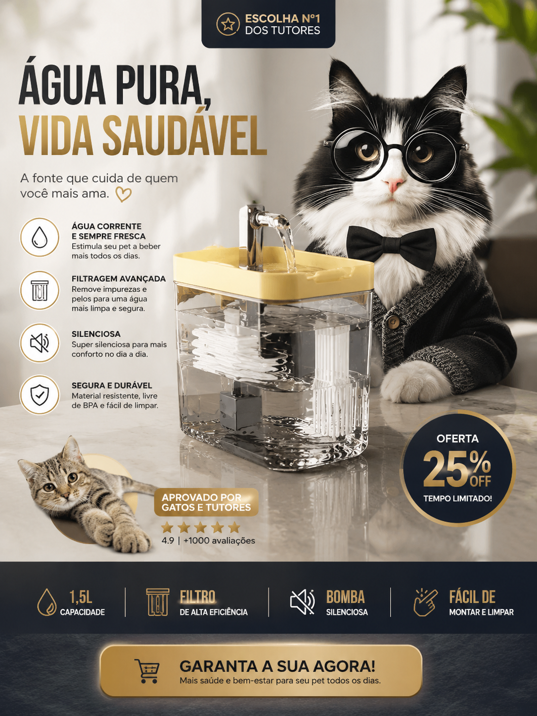 Fonte de água transparente para gatos com bico elevado chafariz